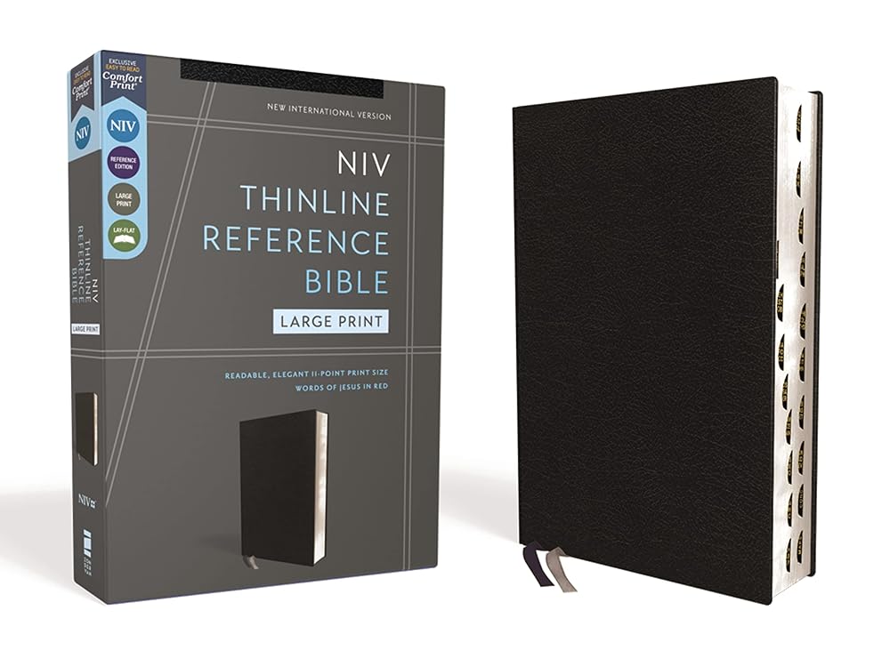 NIV, Thinline Reference Bible (Deep Study at a Portable Size), Large Print, Bonded Leather, Black, Red Letter, Thumb Indexed, Comfort Print cover image